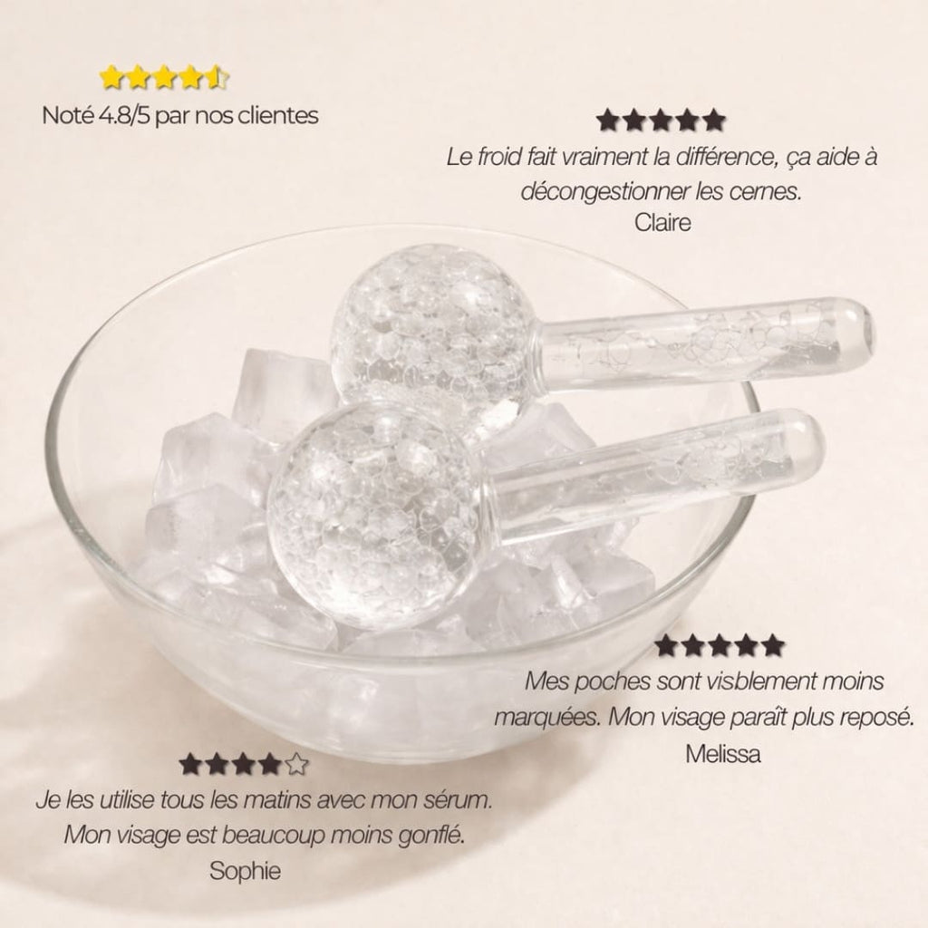 Ice Globes Method Skin dans un bol de glace avec avis clients montrant les effets sur les poches, les cernes et le visage décongestionné