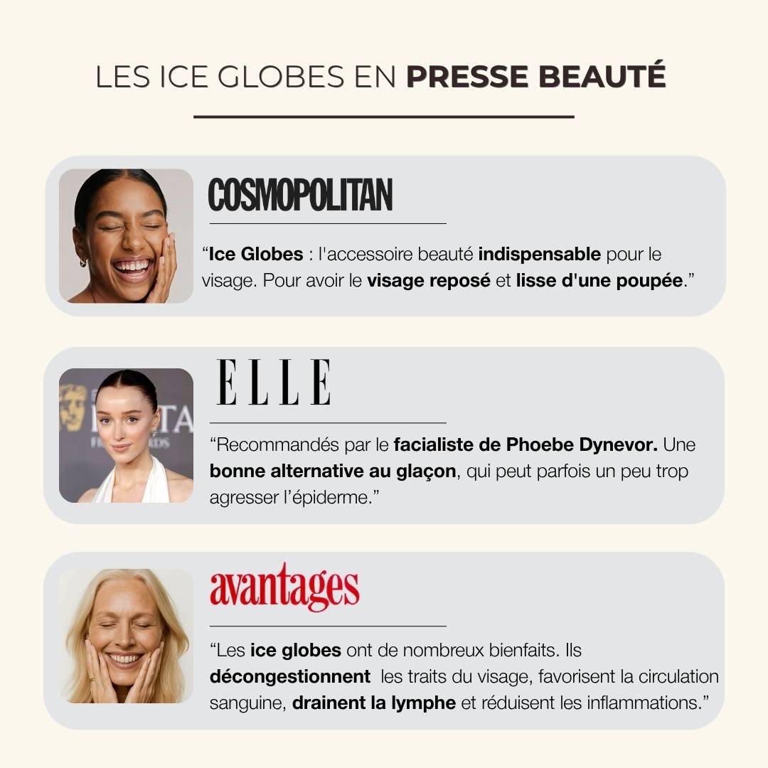 Sélection d’articles de presse beauté Cosmopolitan, ELLE et Avantages mettant en avant les bienfaits des Ice Globes Method Skin sur l’éclat, les gonflements et l’inflammation du visage.