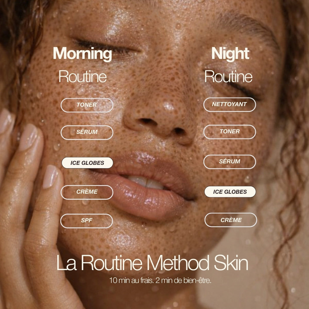 Routine visage Method Skin matin et soir avec Ice Globes – toner, sérum, massage froid, crème et SPF